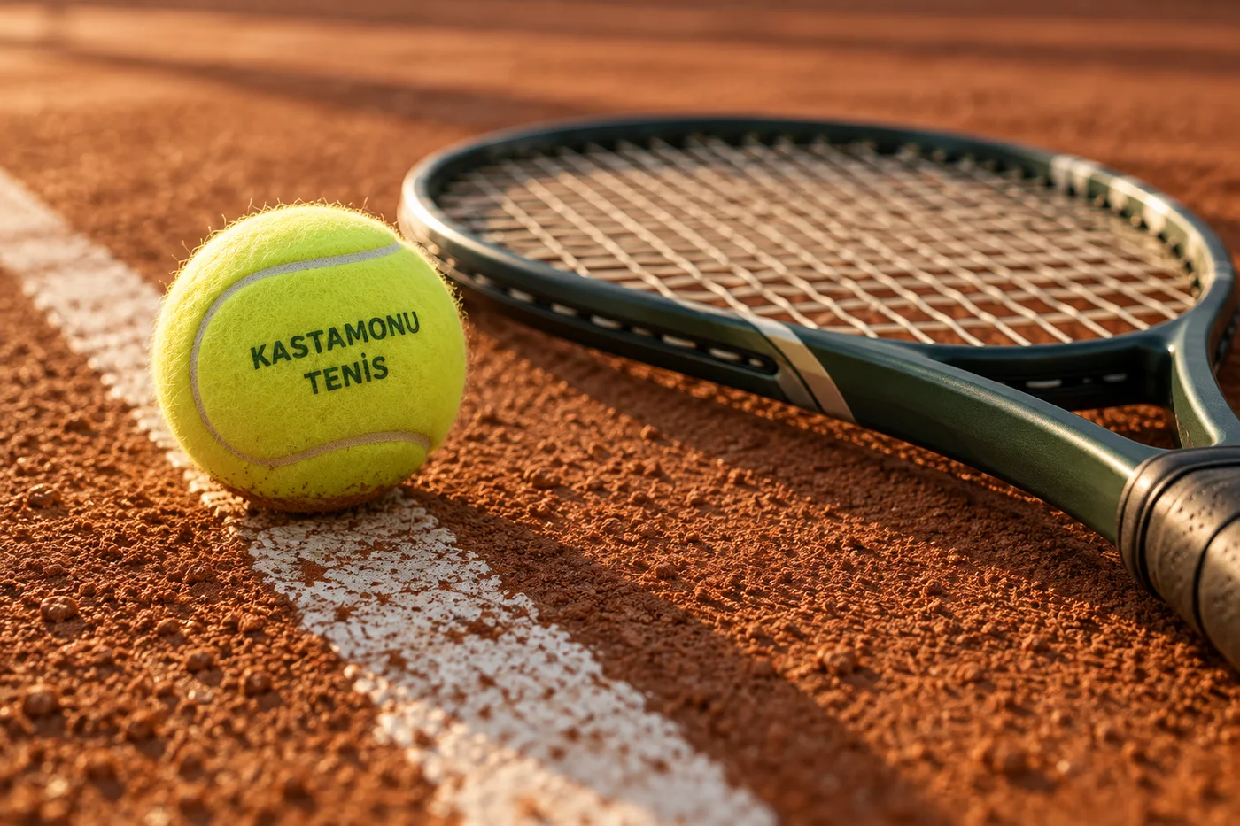Toprak kort üzerinde tenis topu ve raket; temsili tasarım görseli